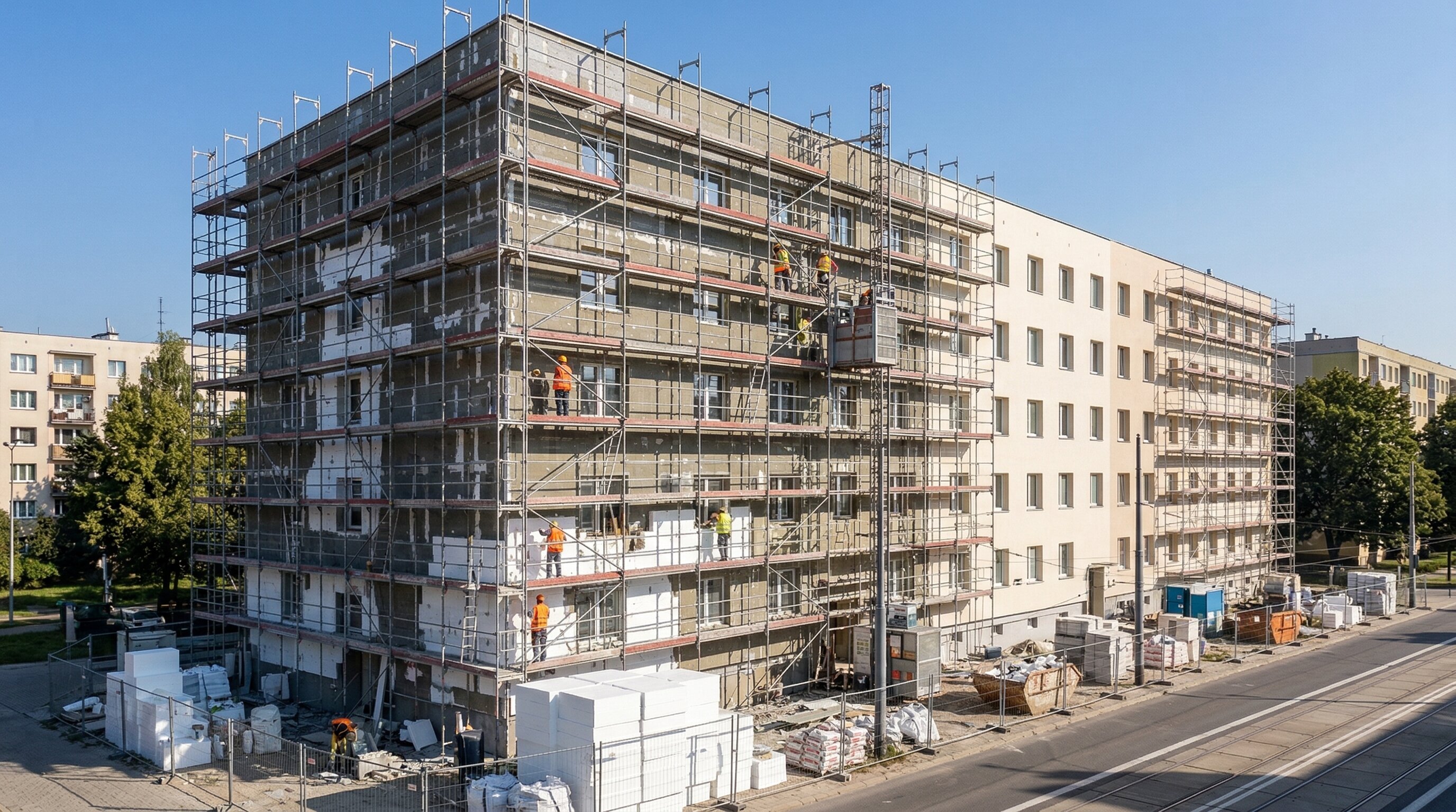 Docieplenie budynku wielorodzinnego - rusztowanie na elewacji bloku mieszkalnego