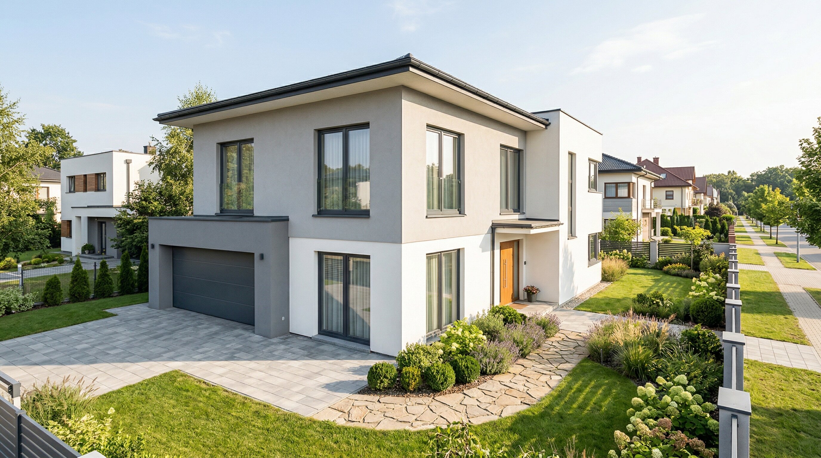 Modne kolory elewacji domów jednorodzinnych w 2026 roku - szarości, greige i dwukolorowe fasady