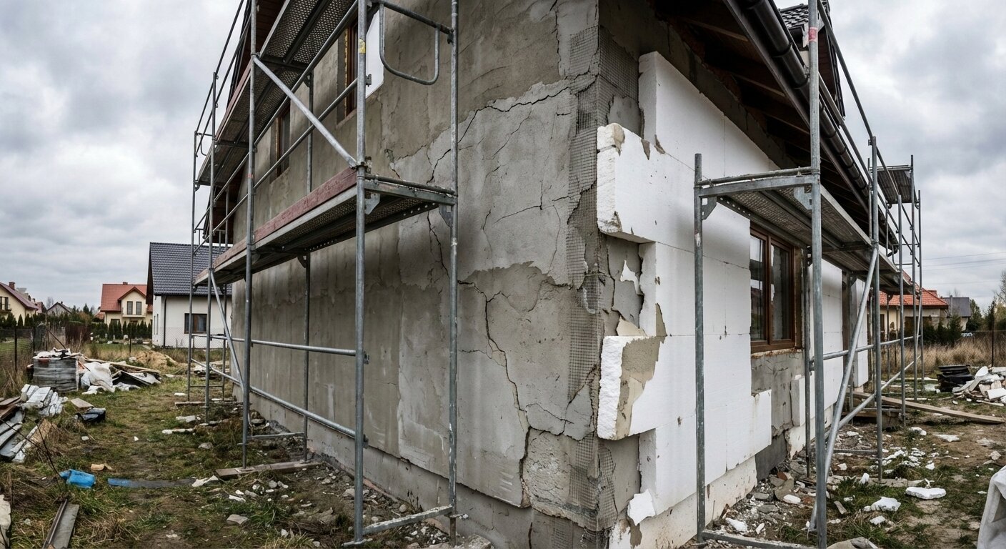 Docieplenie budynku styropianem - ekipa REM-BUD przy pracy na rusztowaniu