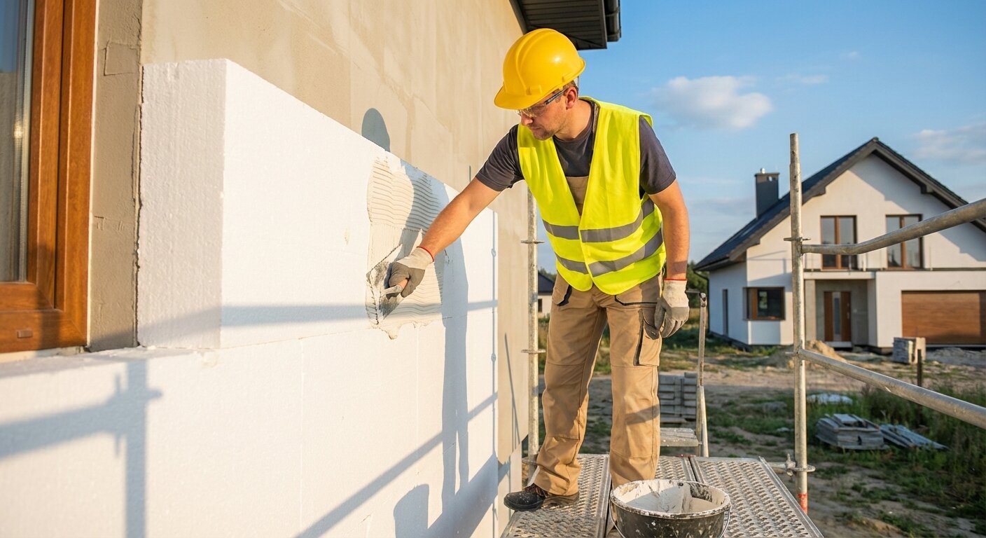Docieplenie budynku jednorodzinnego styropianem - ekipa REM-BUD przy pracy